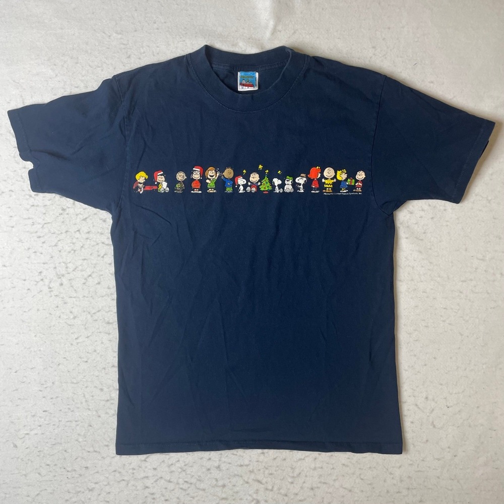 Peanuts Snoopy Charlie Brown Christmas Navy Blue Graphic T-Shirt Mens Medium